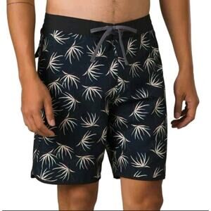 Prana Mens 33 Vintage‎ Board Shorts Swim Trunks Palm Print Black Recycled Poly
